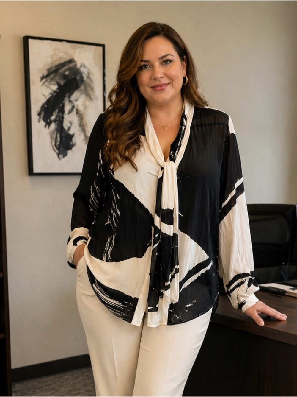 Rena Lange Vtg 90’s Black White Abstract Tie-Neck Long Sleeve Blouse XL